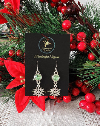 Silver and Light Green Snowflake Earrings.